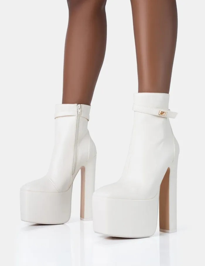Women Vally Ecru PU Extreme Platform Square Rounded Toe Block Heeled Ankle Boots Neutral Public Desire Ankle Boots