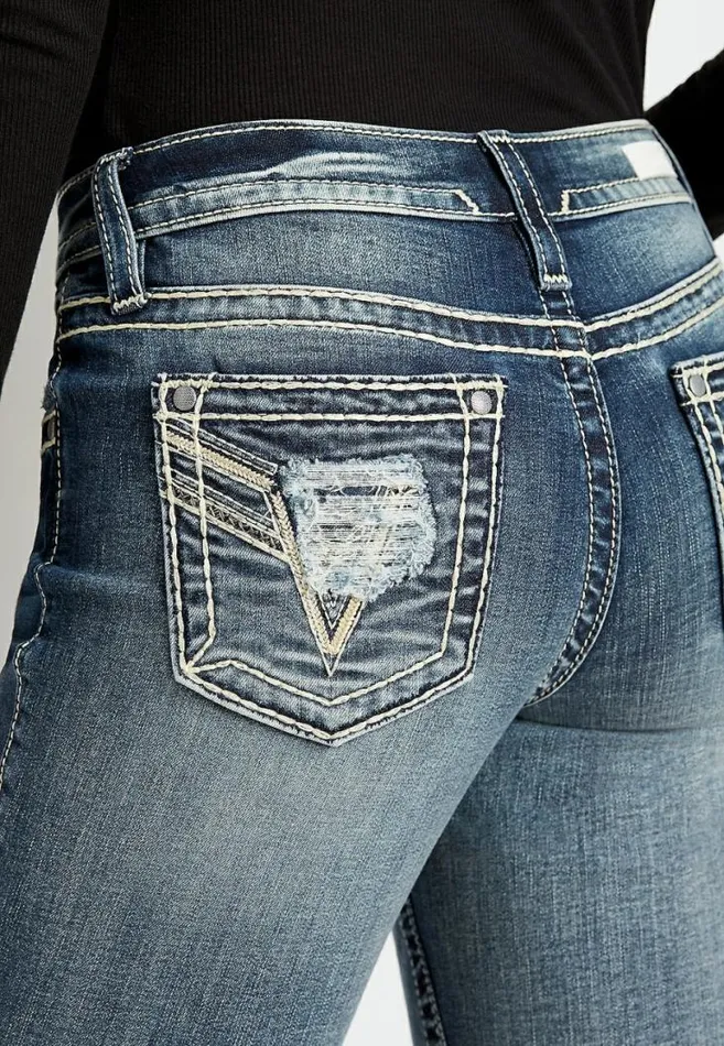 Women Vigoss Medium Wash Destructed Pocket Straight Leg Jean Maurices Jeans