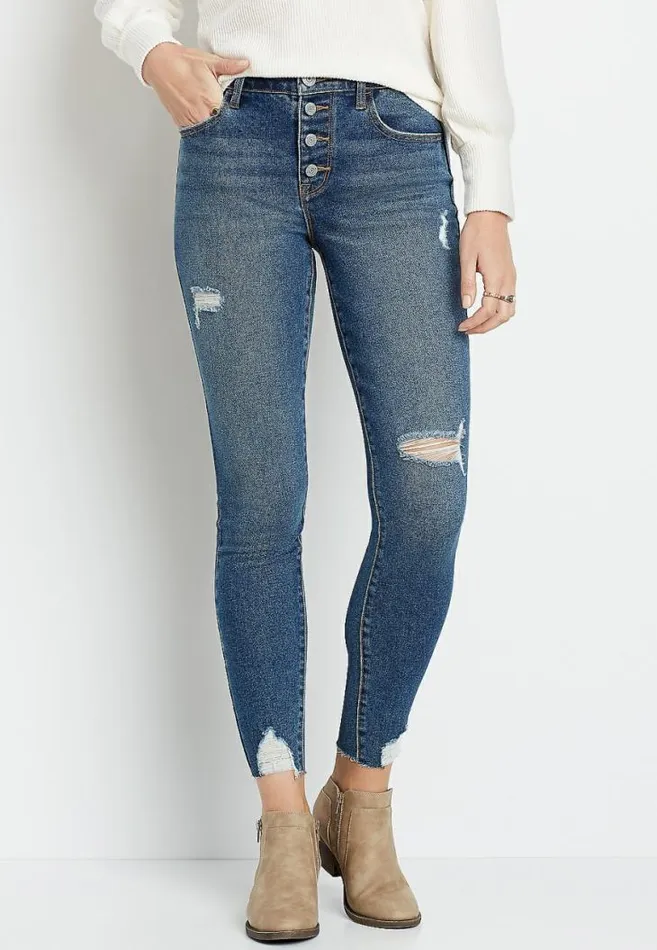 Women Vintage High Rise Medium Destructed Button Fly Jegging Maurices Jeans
