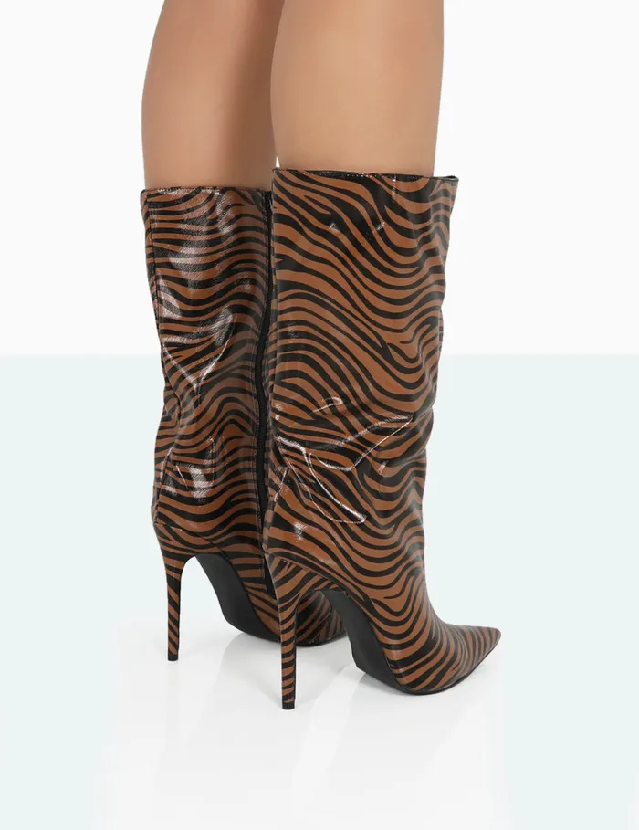 Women Wanda Camel Zebra PU Pointed Toe Stiletto Knee High Boots Brown Public Desire Knee High Boots