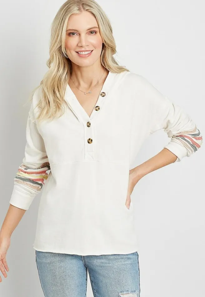 Women White Rainbow Sleeve Button Front Hoodie Maurices Tops