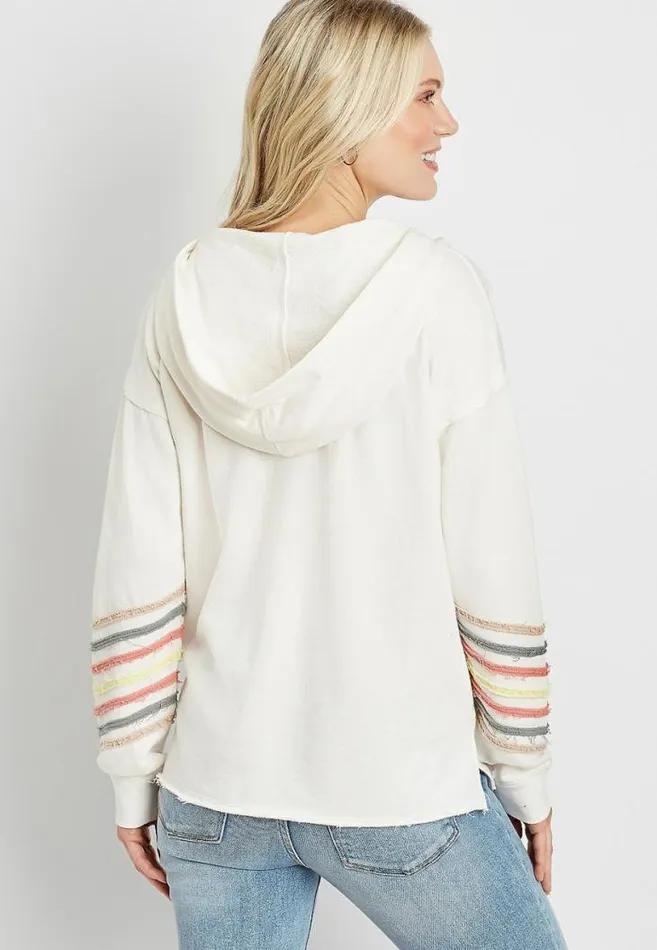 Women White Rainbow Sleeve Button Front Hoodie Maurices Tops