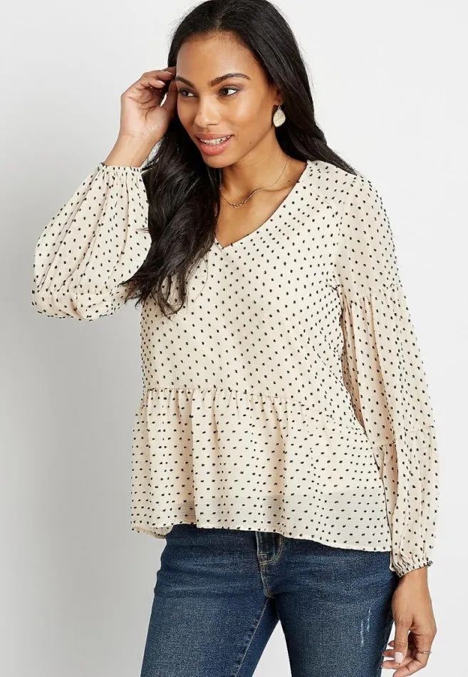 Women White Swiss Dot Long Sleeve Babydoll Top Maurices Tops