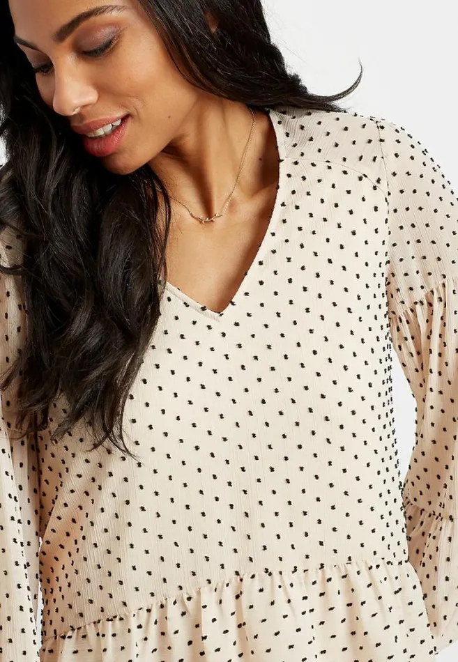 Women White Swiss Dot Long Sleeve Babydoll Top Maurices Tops
