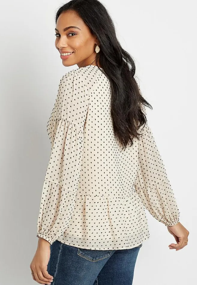 Women White Swiss Dot Long Sleeve Babydoll Top Maurices Tops