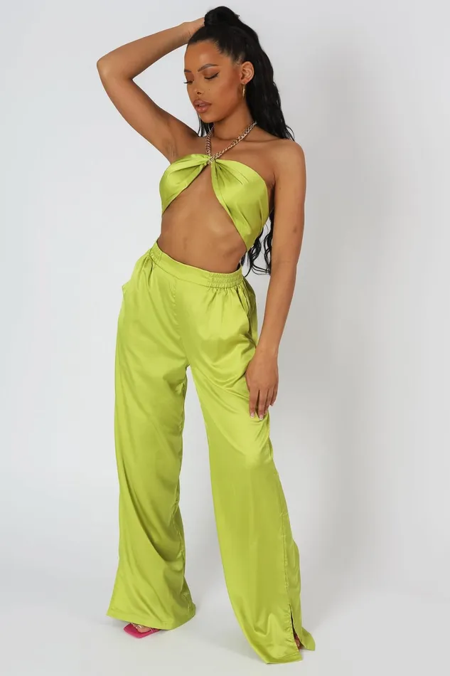 Women Wide Leg Satin Trousers Lime Kaiia Green Public Desire Trousers