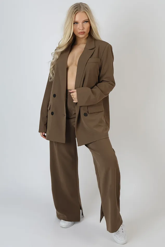 Women Wide Leg Split Hem Tailored Trousers Mushroom Kaiia Brown Public Desire Two Piece Sets