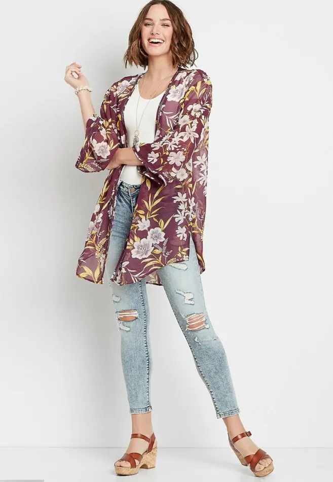 Women Wine Floral Crochet Trim Open Front Kimono Maurices Tops