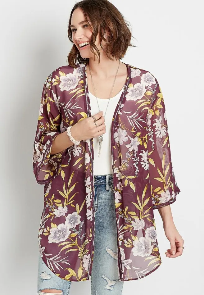 Women Wine Floral Crochet Trim Open Front Kimono Maurices Tops