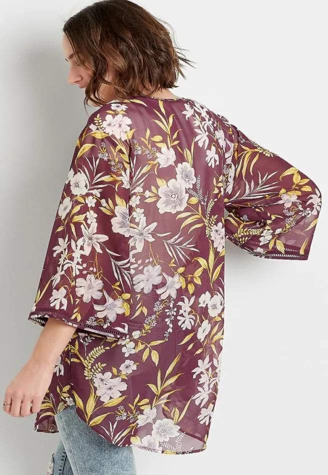 Women Wine Floral Crochet Trim Open Front Kimono Maurices Tops