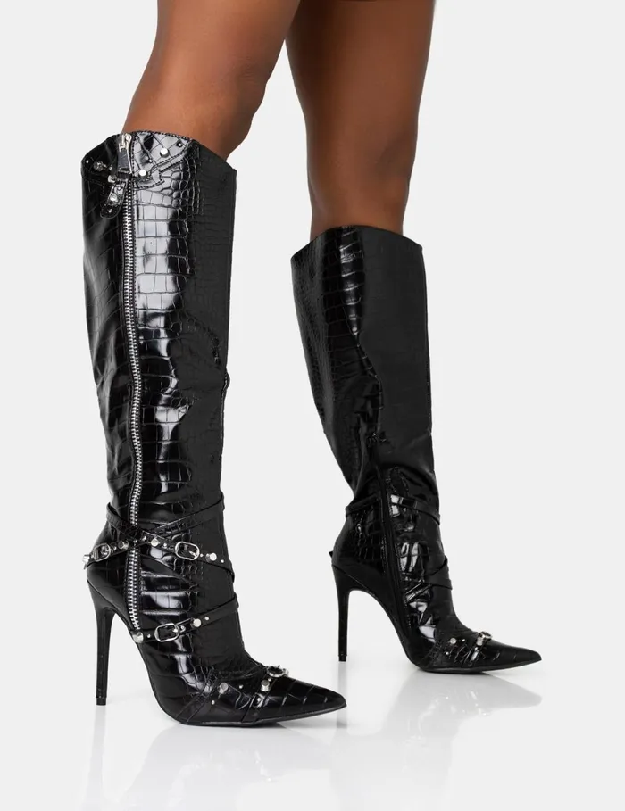 Women Worthy Black Croc Studded Zip Detail Pointed Toe Stiletto Knee High Boots Black Public Desire Embellished Women Worthy Black Croc Studded Zip Detail Pointed Toe Stiletto Knee High Boots Black Public Desire Embellished
