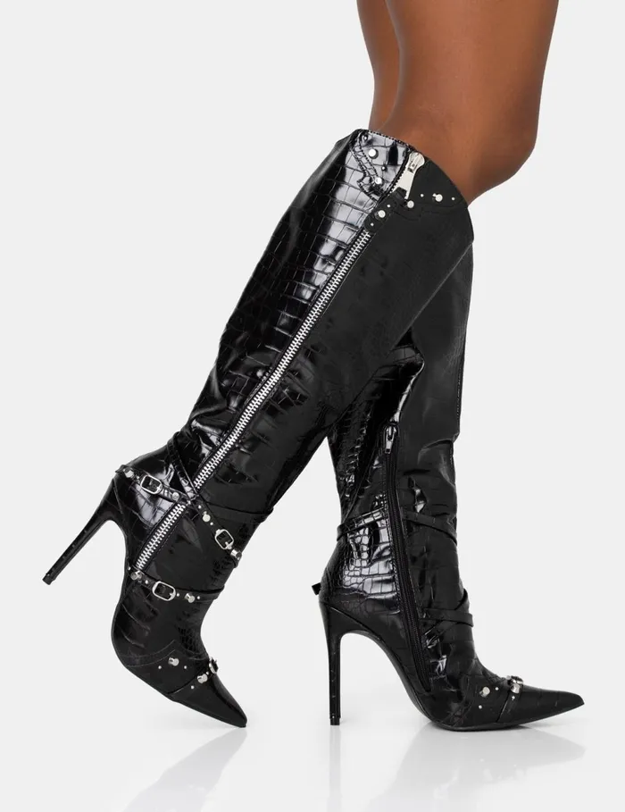 Women Worthy Black Croc Studded Zip Detail Pointed Toe Stiletto Knee High Boots Black Public Desire Embellished