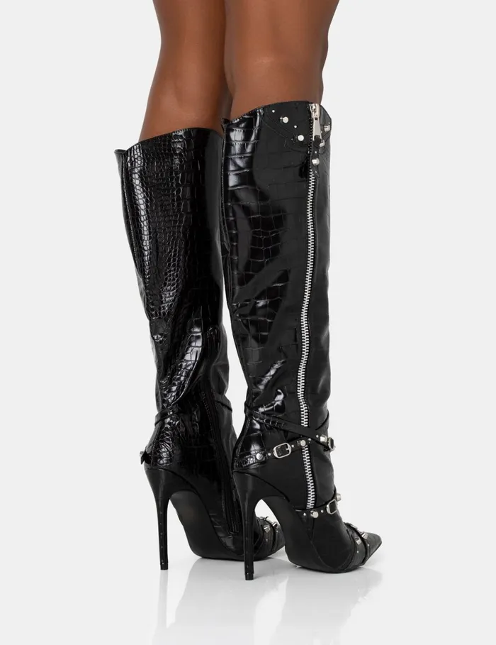 Women Worthy Black Croc Studded Zip Detail Pointed Toe Stiletto Knee High Boots Black Public Desire Embellished