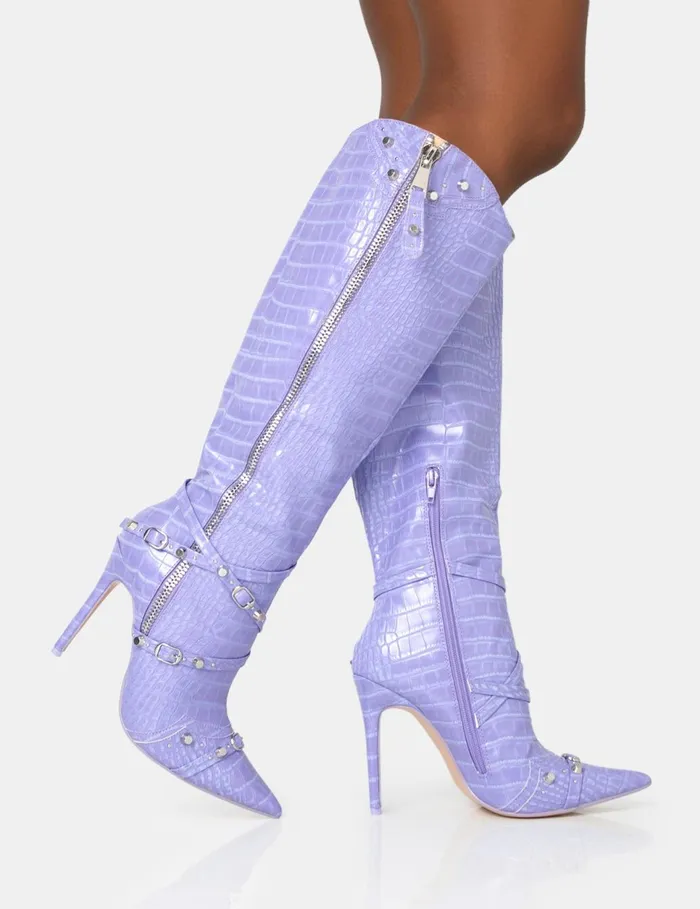 Women Worthy Lilac Croc Studded Zip Detail Pointed Toe Stiletto Knee High Boots Purple Public Desire Party