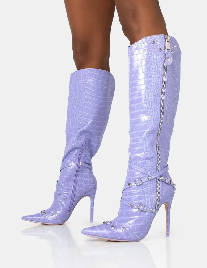 Women Worthy Lilac Croc Studded Zip Detail Pointed Toe Stiletto Knee High Boots Purple Public Desire Party