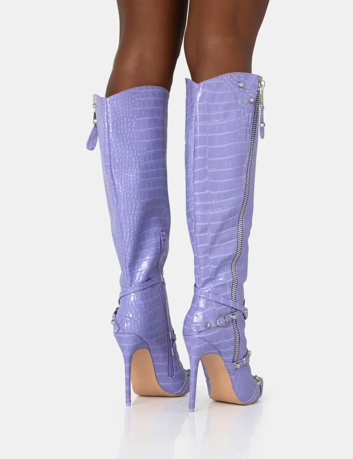 Women Worthy Lilac Croc Studded Zip Detail Pointed Toe Stiletto Knee High Boots Purple Public Desire Party