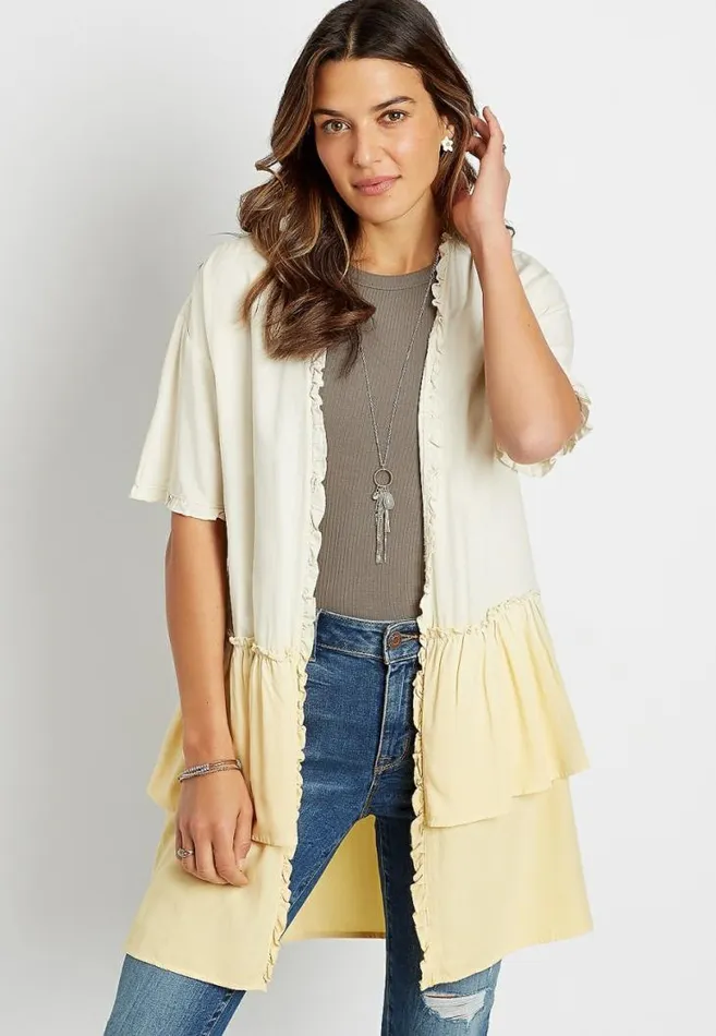 Women Yellow Ombre Ruffle Trim Kimono Maurices Tops