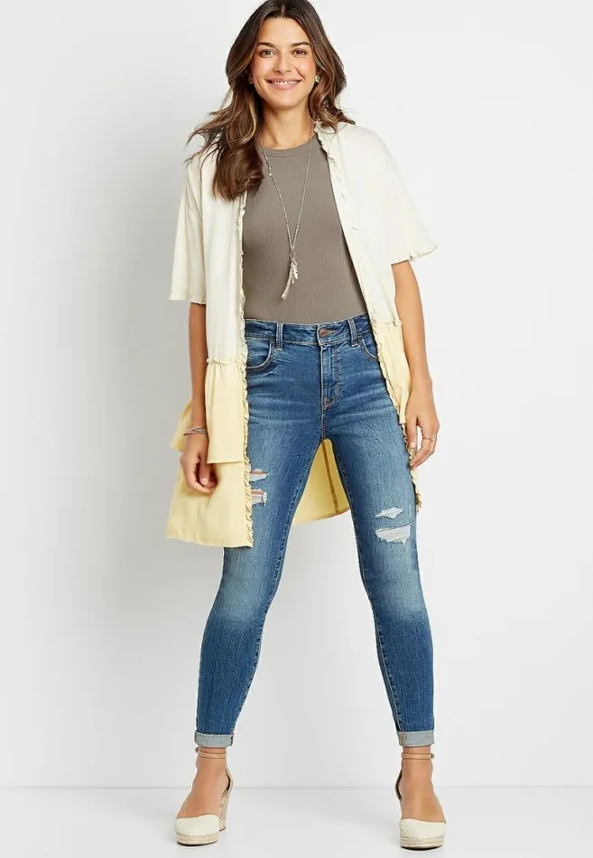 Women Yellow Ombre Ruffle Trim Kimono Maurices Tops