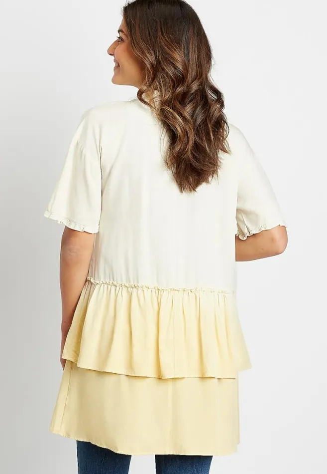 Women Yellow Ombre Ruffle Trim Kimono Maurices Tops