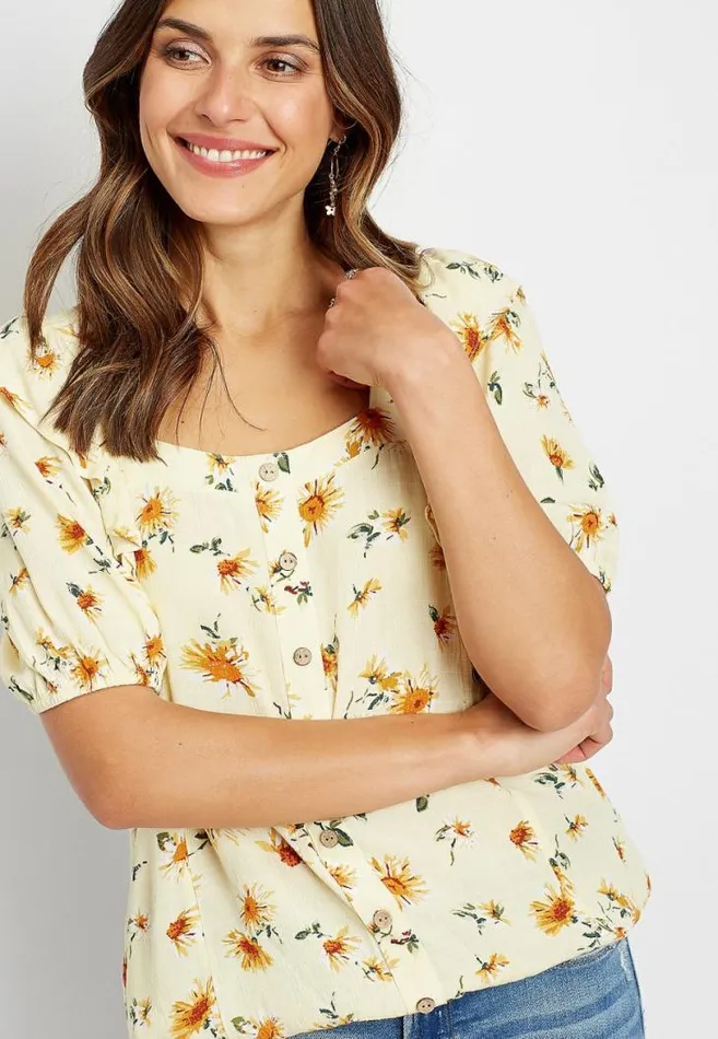 Women Yellow Sunflower Button Front Top Maurices Tops