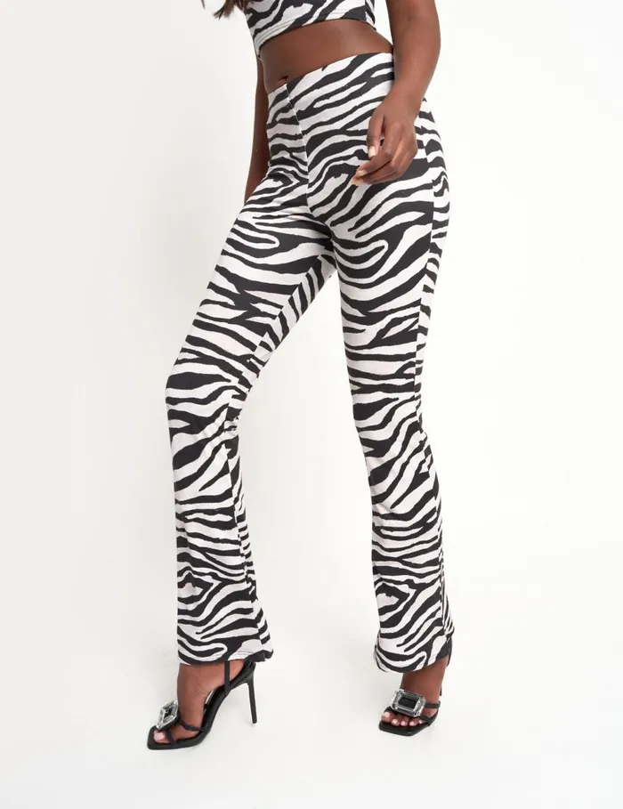 Women Zebra Printed Slinky Flared Trousers Black and White White Public Desire Party