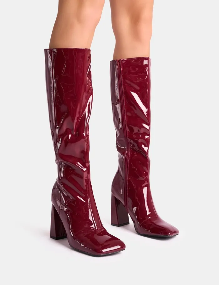 Women Zoya Burgundy Patent Slant Toe Block Heel Knee High Sock Boots Burgundy Public Desire Block Heels