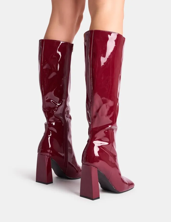 Women Zoya Burgundy Patent Slant Toe Block Heel Knee High Sock Boots Burgundy Public Desire Block Heels