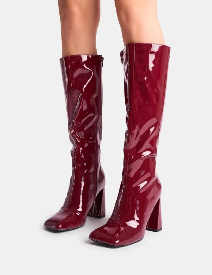 Women Zoya Burgundy Patent Slant Toe Block Heel Knee High Sock Boots Burgundy Public Desire Block Heels