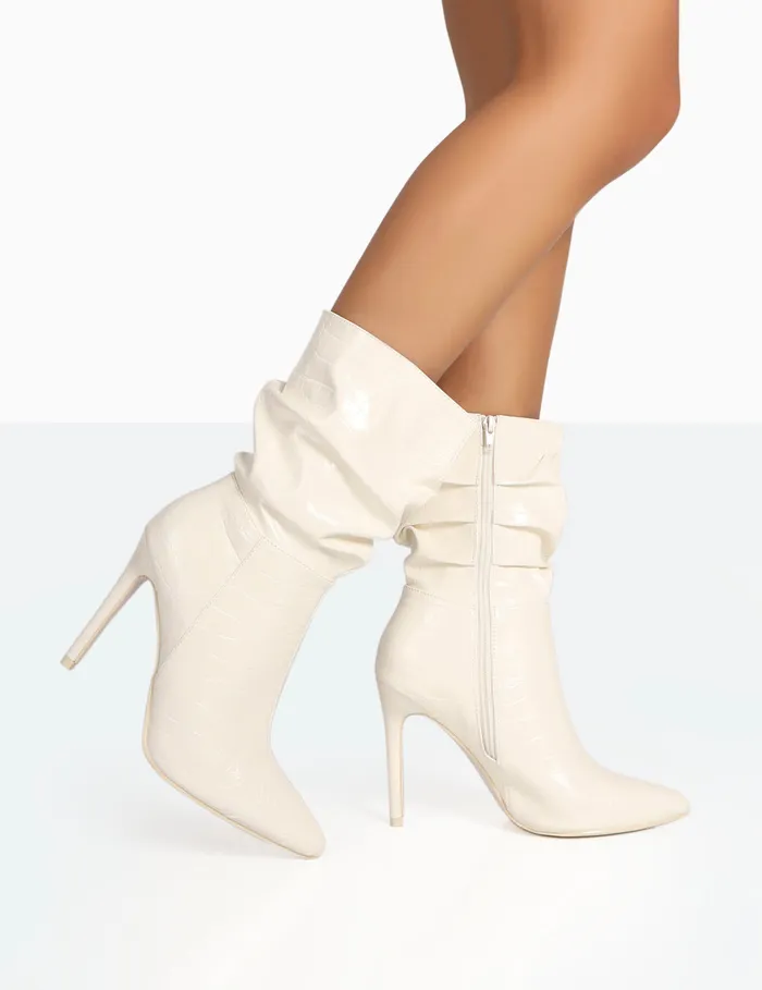 Women Zurich Ecru Patent Stiletto Ankle Boots Ecru Public Desire Long Boots
